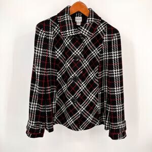 Chico’s Size XL (3) Wome'ns Plaid Jacket Black White Red Classic Button Coat